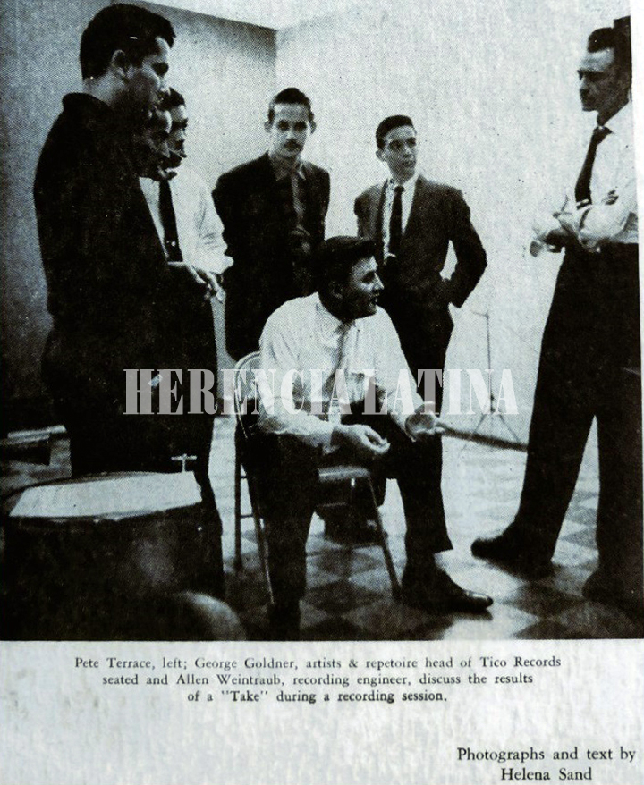 Pete Terrace, left: George Goldner, artists & repetoire head of Tico Records seated and Allen Weintraub, recording engineer, discuss the results of a 