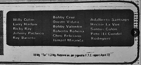 anuncio de Fania All Stars, lado derecho con dos fechas y lugares: 14 de febrero en el Coliseo Municipal de San Juan, que es una referencia al Coliseo Roberto Clemente, y 15 de febrero en el Coliseo de Ponce